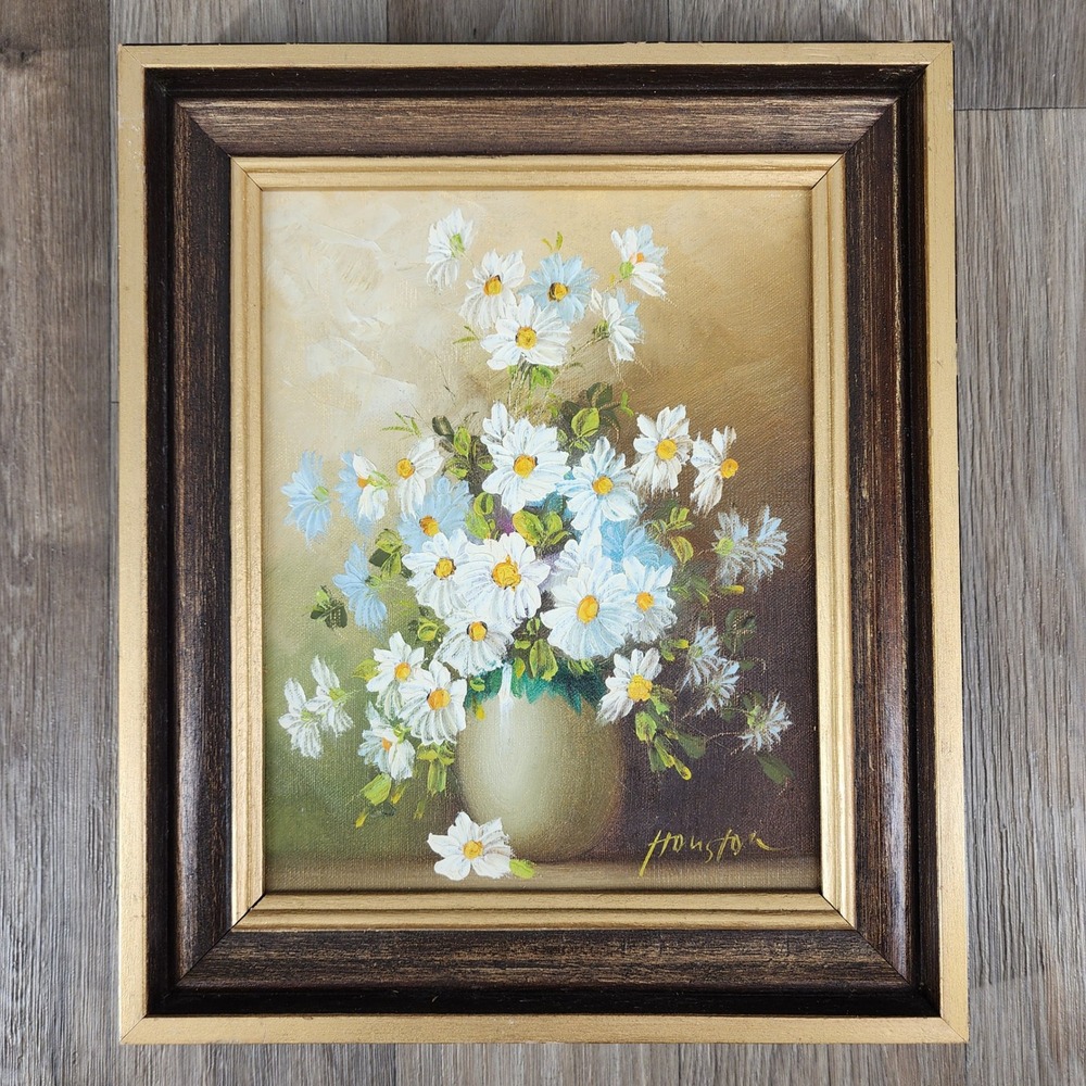 Vintage Houston Signed Daisy Oil Painting Framed Floral Still Life Art 10x13